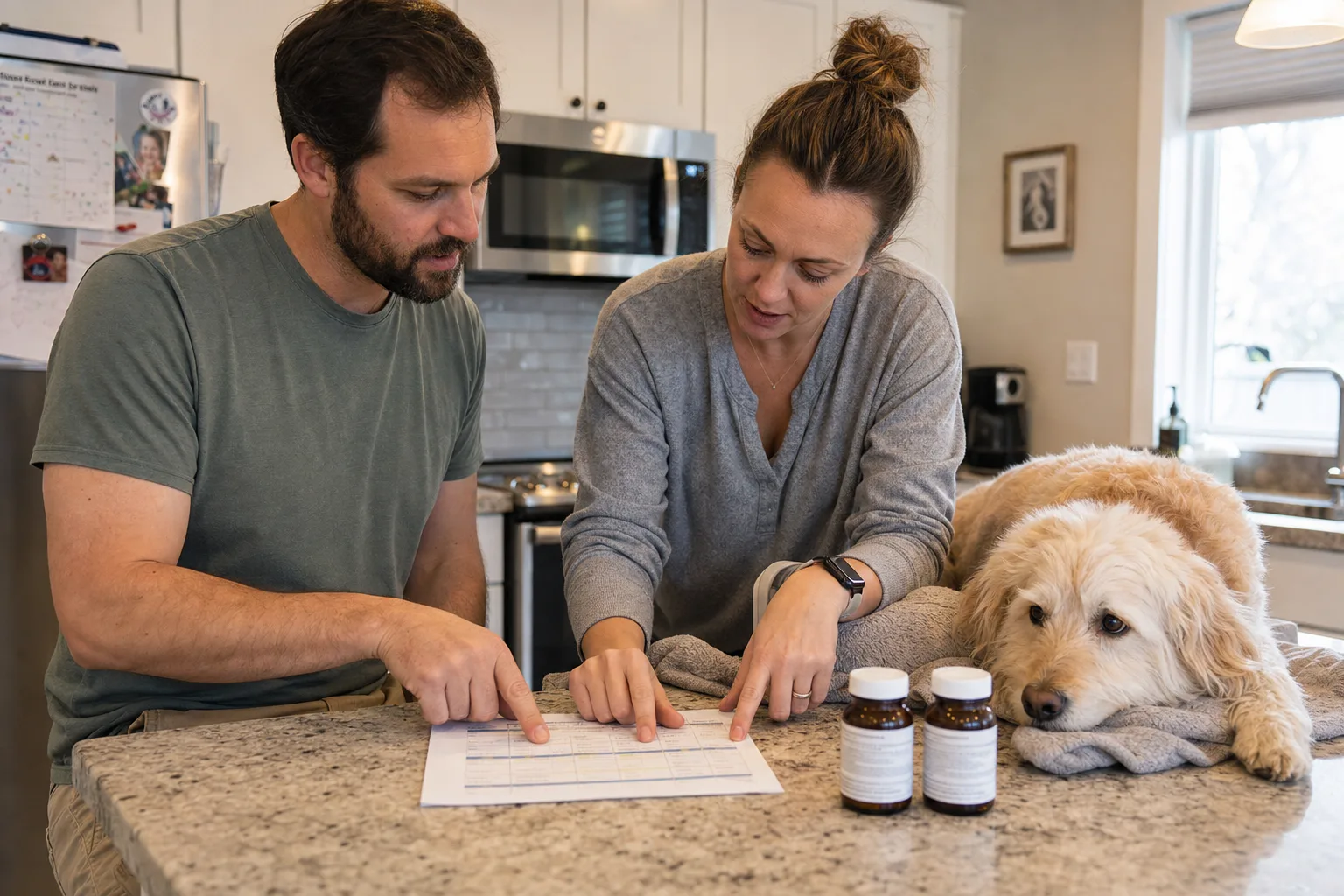 Two dog caregivers reviewing one current medication schedule during a handoff
