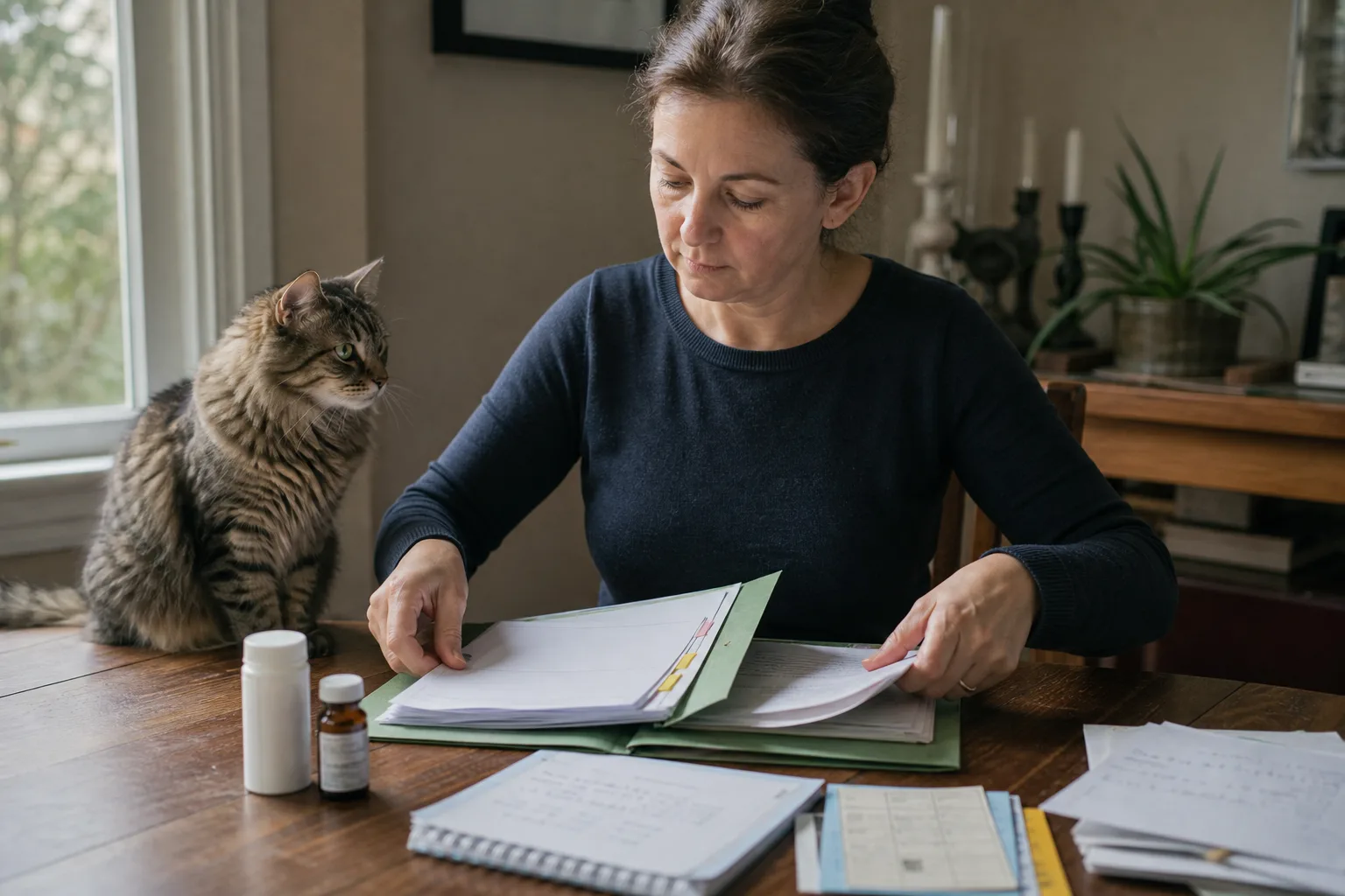 A cat owner gathering veterinary papers and medication containers into a health history