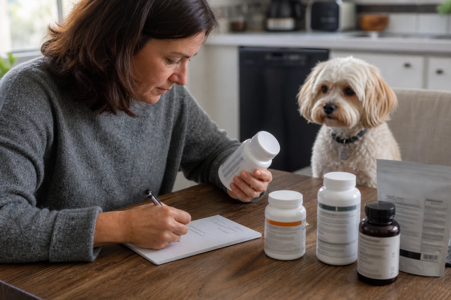 A dog owner copying information from medication containers into a current list