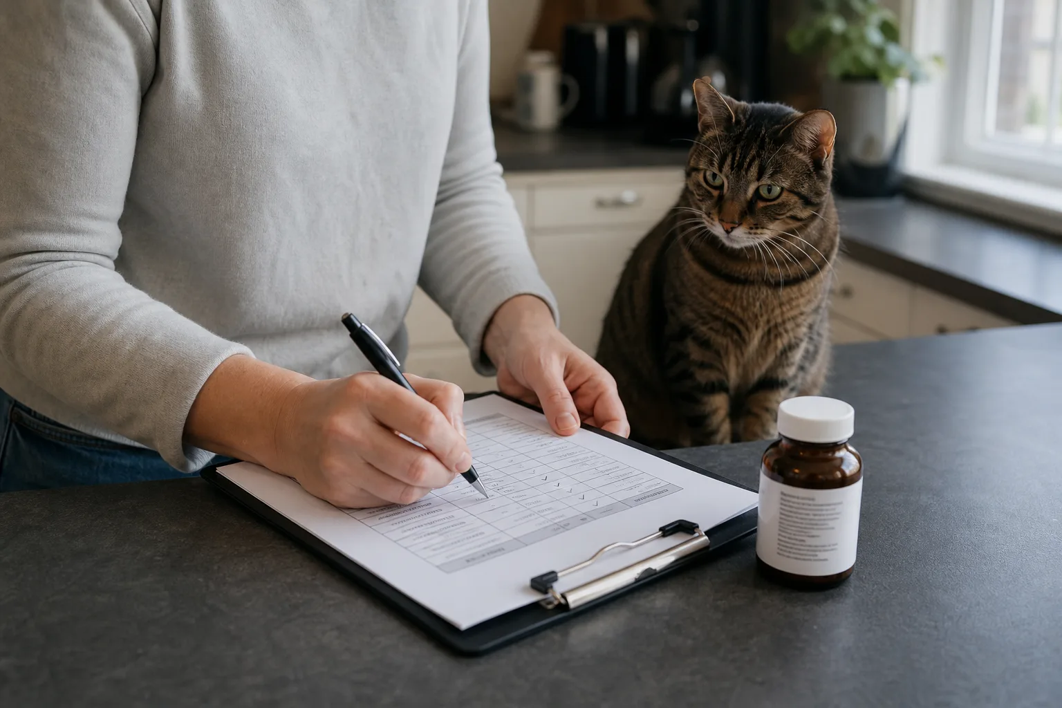 A cat caregiver marking a printed medication schedule in a home kitchen