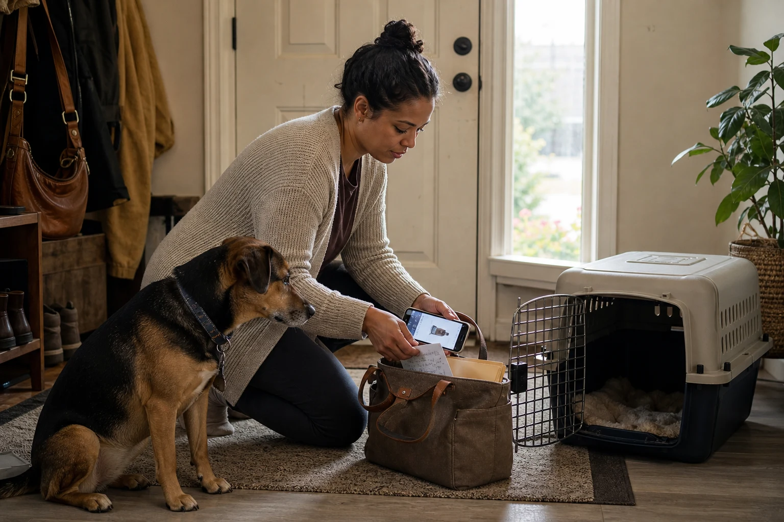 A pet owner packing records and notes beside their dog before a veterinary appointment