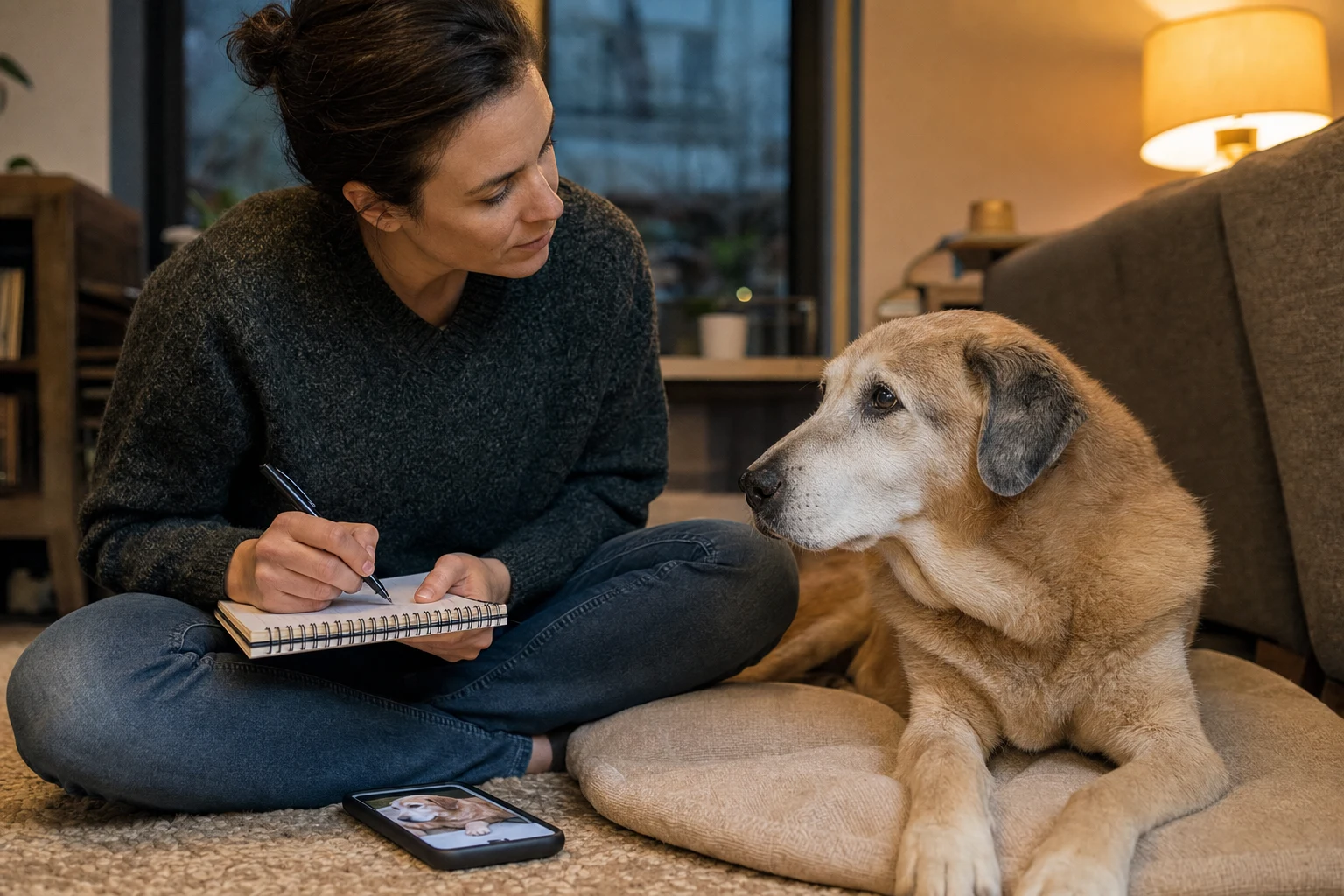 A dog owner writing questions to ask at an upcoming veterinary appointment